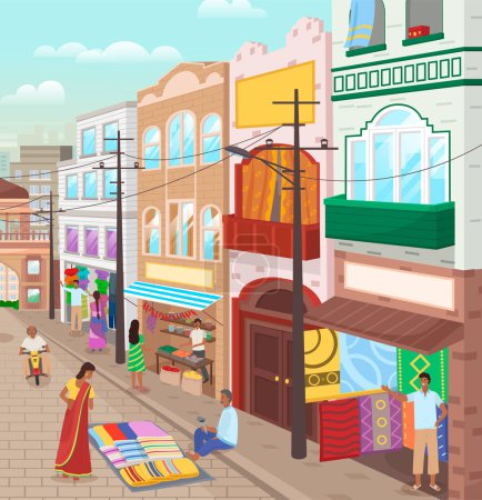 Illustration for Indian market with people and different shops with ancient cityscape at background. Textiles, fabrics, carteps, spices, sweets, vegetables. Asian characters, oriental bazaar, authentic marketplace - Royalty Free Image