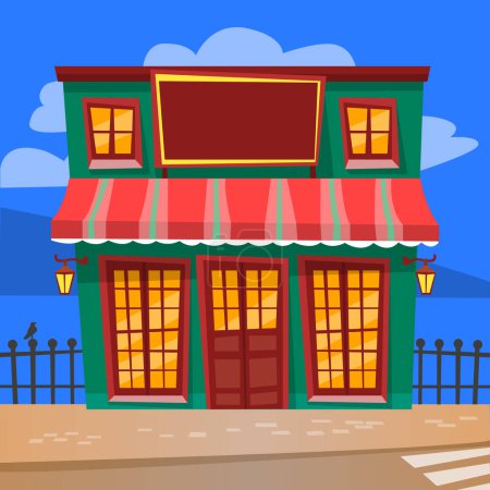 Illustration for Facade of building with lanterns and lights inside. Construction with stripped tent and windows. Retro exterior of diner or eatery. Street with fence and paved ground. Vector in flat illustration - Royalty Free Image