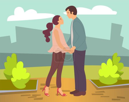 Dating couple outdoor illustration. Young peolpe man and woman holding hands looking into each other s eyes. Girl with guy, people in love spend time together, relationships between male and female