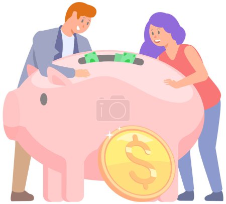 Illustration for Happy people around piggy bank. Pink storage device for coins and dollar bills. Money accumulation concent. Pig shaped money storage container. Rich characters amass wealth vector illustration - Royalty Free Image
