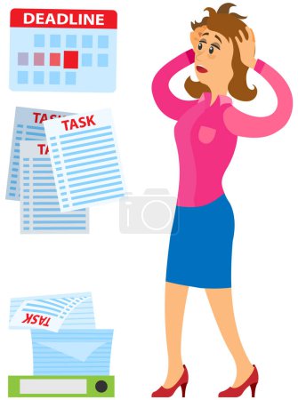 Illustration for Busy businesswoman trying to do many things at once. Stressful multitasking person and deadline. Overworked female character takes her head from horror and fatigue. Stress and deadlines at work - Royalty Free Image
