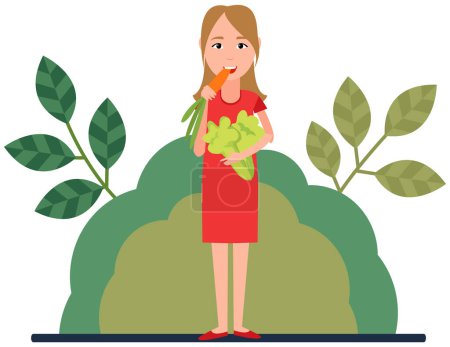 Ilustración de Mujer comiendo verduras. Cartel con carácter femenino con zanahoria y apio. Promoción del consumo de productos de origen vegetal. Chica come alimentos frescos orgánicos naturales a base de plantas. Vegetariano con verduras - Imagen libre de derechos