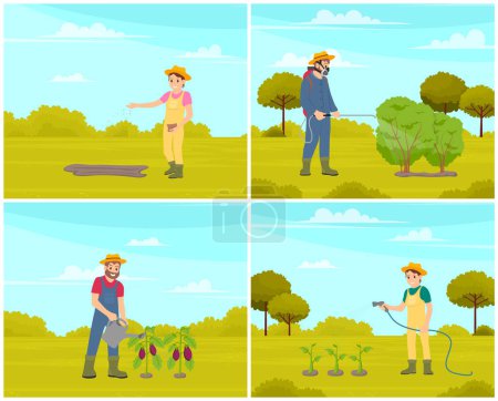 Illustration for Female farmer sowing seeds for future harvest. Chemical treatment of garden plant spring seasonal farm work. Man gardener watering plant with watering can, organic agriculture. Vegetable farm worker - Royalty Free Image