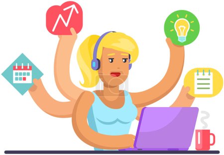 Illustration for Woman doing simultaneously many tasks. Female employee trying to deal with deadlines. Overworking, overload at work, time management, planning concept. Lady with many hands coping with multitasking - Royalty Free Image