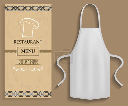 Illustration for White apron next to piece of paper with menu. Clothes for work in kitchen, protective element of clothing for cooking. Apron for cooking in kitchen and protection of clothes near restaurant menu - Royalty Free Image