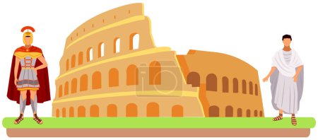 Illustration for Rome coliseum, ancient inhabitants stand near antique building vector catroon illustration. Roman citizens dressed in national costumes, legionary warrior stand near destroyed monument of architecture - Royalty Free Image