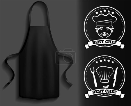 Illustration for Black aprons near cooking symbols. Clothes for work in kitchen, protective element of clothing for cooking. Chef clothing with long straps. Aprons next to icons of kitchen utensil, toque - Royalty Free Image