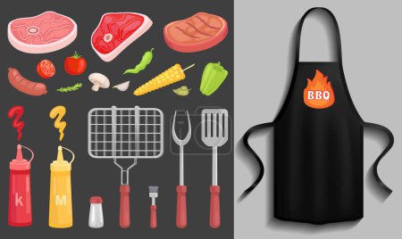 Illustration for Protective garment for cooking. Safety clothing for barbecue cookery. Apparel for grilling. Black apron with barbecue restaurant logo image. Apron for cooking in kitchen and protection of clothes - Royalty Free Image