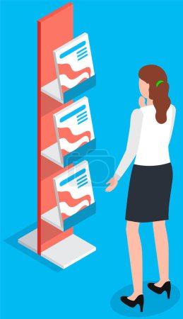 Illustration for Young person offers to buy product from company. Stand and showcase for trade with advertising brochures, presentation modern color goods for buyers. Character with badge shows books at exhibition - Royalty Free Image