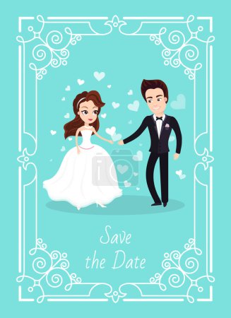 Illustration for People happy on their wedding, frame with ornaments, man and woman with hearts and ornamental square, lovely couple on special day ceremony. Vector illustration in flat cartoon style - Royalty Free Image