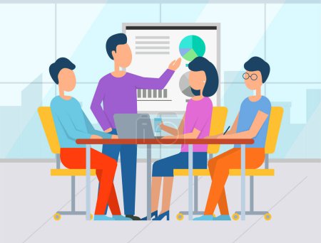 Illustration for Infocharts on whiteboard, presentation with info and segments. Seminar business conference with workers in office, planning new strategy. Vector illustration in flat cartoon style - Royalty Free Image