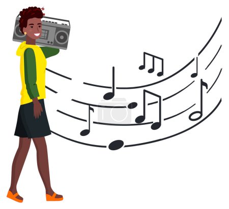 Illustration for Woman with tape recorder walks along music notes, lifestyle shoots. Afro-american woman and apparatus for recording sounds on magnetic tape. Vector illustration in flat cartoon style - Royalty Free Image