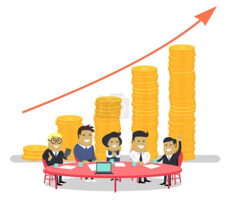 Illustration for Finance analytics and stats, people on meeting of company. Business conference banking and accumulation of money, chart made of coins. Vector illustration in flat cartoon style - Royalty Free Image