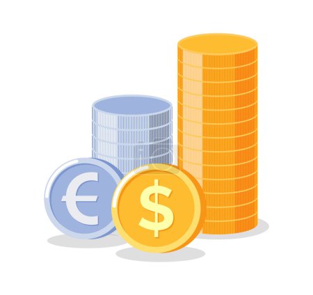 Illustration for Wealth and money vector, gold and silver coins, euro and dollars deposit and wealthy profits, monetary Investment in bank and banking flat style isolated - Royalty Free Image