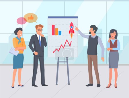 Illustration for Stats on whiteboard, presentation for partners or investors. People looking at charts growing flowchart with rocket. Successful startup seminar. Vector illustration in flat cartoon style - Royalty Free Image