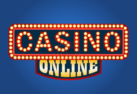 Casino online big glowing illuminated sign on blue background. Bright signboard. Neon Gambling advertisement with lots of small light bulbs. Vector illustration in flat cartoon style