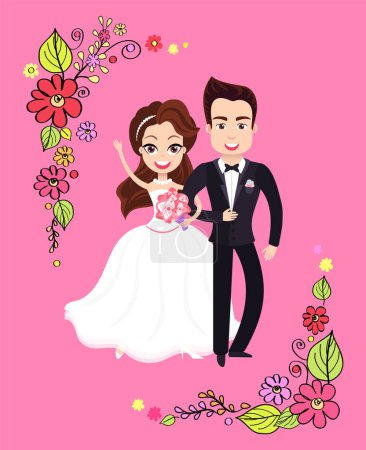 Illustration for Bride standing and embracing groom, newlyweds characters, wedding postcard with couple, romantic invitation decorated by frame from flowers. Vector illustration in flat cartoon style - Royalty Free Image