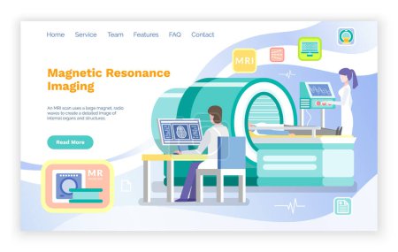 Illustration for Magnetic resonance imaging vector, cr or mri help for patients. Nurse assistant and doctor sitting by computer looking at scan x ray result. Website or webpage template, landing page flat style - Royalty Free Image