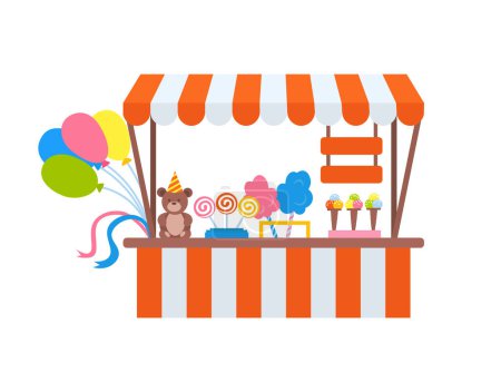 Ilustración de Tienda de dulces decorada con helado, algodón-caramelo, dulce y peluche, mesa a rayas con globos y cintas, sabrosa decoración de la tienda, merienda para el mercado de festivales. Vector en estilo plano de dibujos animados - Imagen libre de derechos