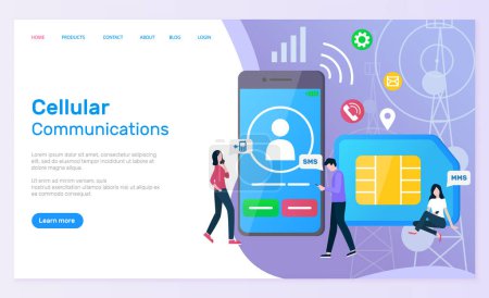 Illustration for Cellular communication vector, people with smartphone screen showing profile of user and calling icon, sim card messaging and texting call cell. Website or webpage template, landing page flat style - Royalty Free Image