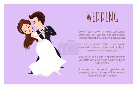 Illustration for Wedding poster happy newlywed couple dancing first dance. Just married husband and wife in white dress and black suit smiling and going to kiss. Vector illustration in flat cartoon style - Royalty Free Image
