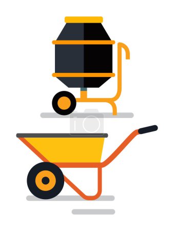 Illustration for Construction items, isolated cement mixer and loader. Carriage for transportation of materials, instruments and tools for building container. Vector illustration in flat cartoon style - Royalty Free Image