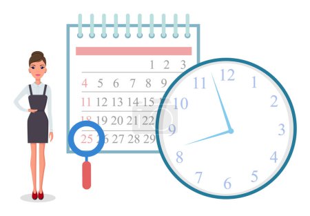 Business operations planning and scheduling concept with businesswoman standing near calendar and time with clock on white background cartoon design vector. Time management organization of workflow