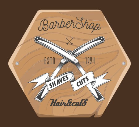 Illustration for Barbershop salon wooden signboard with inscriptions, crossed razors and tape with lettering shaves cuts. Barber shop logotype, emblem with opened dangerous blade. Hairdresser advertising board - Royalty Free Image