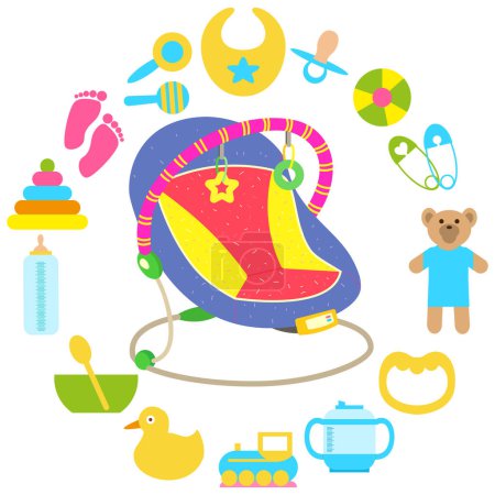 Ilustración de Gorila de bebé automática, cama oscilante de chorro de agua infantil. Chaise lounge para la relajación del bebé rodeado de objetos de cuidado infantil, artículos para recién nacidos. Silla oscilante cerca de juguetes y objetos para jugar con niños - Imagen libre de derechos