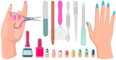 Illustration for Various accessories and tools for manicure. Hand care products, manicure supplies. Equipment, scissors, nail clippers, polish and nail file. Manicurist supplies for working with nails and cuticles - Royalty Free Image