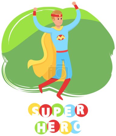 Illustration for Strong super man smiles and flies to save world stretched out his hand. Brave character in superhero costume with cloak on white background. Cartoon person hurries to protects people from villains - Royalty Free Image