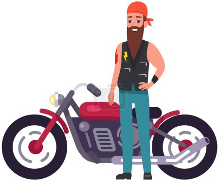 Illustration for Smiling man in bandana and leather jacket. Brutal bearded biker, driver, motorcyclist standing near huge bike. Cool biker, lover of extreme driving on transport. Male character riding motorcycle - Royalty Free Image