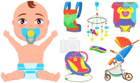 Illustration for Baby care objects, newborn items supplies, set of icons. Devices for mother and child. Baby with pacifier sitting near clothing for children, developing toys and items for transporting kids - Royalty Free Image
