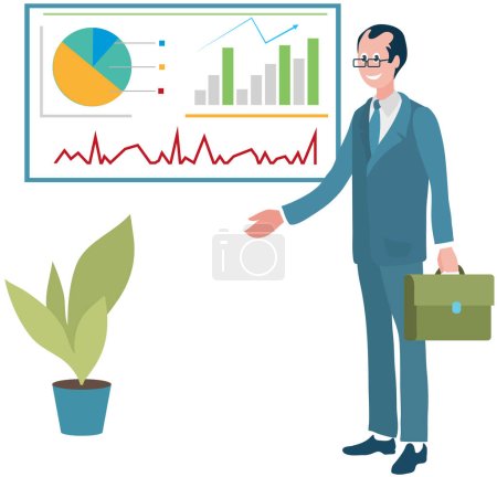 Illustration for Business man in suit and glasses showing statistical data and economic report analysis. Effective management. Analyst analyzing information, graphs. Logic thinking. Businessman works with analytics - Royalty Free Image
