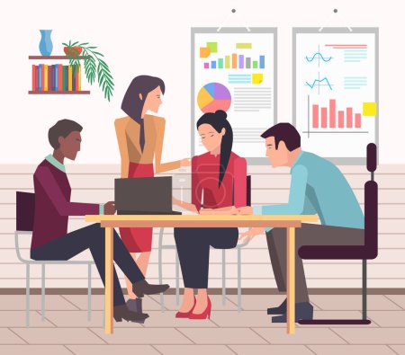 Illustration for Office staff, work and communication. Head and subordinates. Various workers, managers team. Top managers employees of different levels. Office workers. Co-workers. Colleagues discuss project teamwork - Royalty Free Image