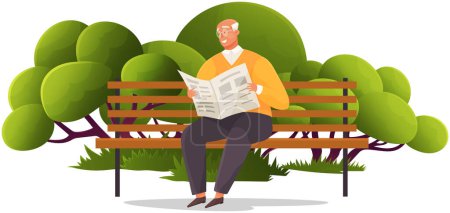 Illustration for Old man sits on bench in park and reads newspaper. Retiree on background of nature landscape, fresh air recreation. Leisure activity Lifestyle of senior people. Rest and relax of aged person with news - Royalty Free Image