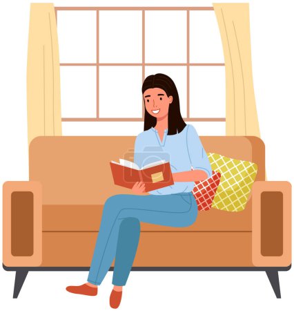 Téléchargez les illustrations : Jeune femme lisant le livre, assise sur des oreillers dans une chaise moderne. Loisirs et éducation. Détente avec la littérature. Fille relaxante à la maison. Étudiant lit le manuel. Lire un livre - en licence libre de droit