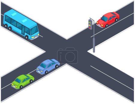 Crossroad street with cars vector illustration. Intersection with automobiles while driving. Track with road marking and traffic light. Highway, intersecting roads with passenger and public transport