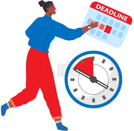 Illustration for Office worker trying to keep up with schedule and plan. Short on time before deadline. Businessman running fast in front of clock. Business urgency concept. Time pressure, competition, hurrying man - Royalty Free Image