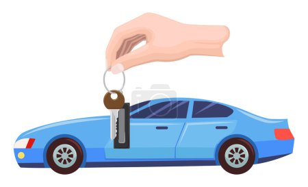 Car bought by character vector, hand with keys. Property transportation flat style. Automobile of modern type, owner with transport automotive sport. Buy new blue car. Flat cartoon