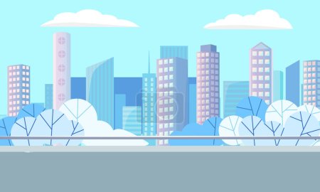Illustration for Skyscraper construction, high buildings and trees in city, modern architecture. Downtown panoramic view, district with park, cityscape in blue winter color vector. Flat cartoon - Royalty Free Image