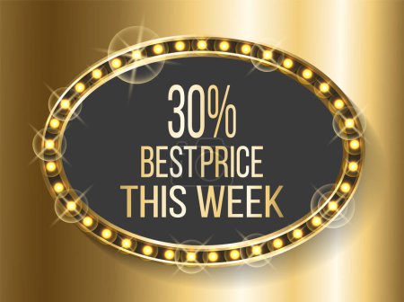Illustration for Golden banner with lights vintage frame vector, shining circle with sale announcement. Best price this week, discount retro flat style luxury products. Sale black-gold sticker for black friday - Royalty Free Image