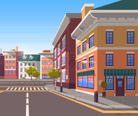 Illustration for Town with buildings and empty street, 3d look of city road and houses. Bushes and trees, greenery cityscape. Skyline, crossroad with zebra. Cityscape with houses facades. Ubran landscape. Flat cartoon - Royalty Free Image