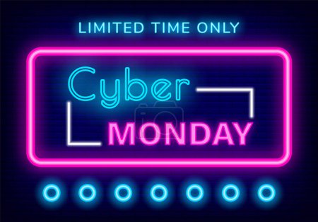 Illustration for Cyber monday sale vector, neon sign glowing elements. Discount limited time only proposition of shop for clients. Shopping on holiday, clearance and proposals of stores. Ads flat style illustration - Royalty Free Image