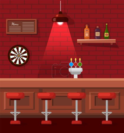 Illustration for Pub or bar empty place for fun vector, table and barstools. Dartboard on brick wall, atmospheric red lights and alcohol on shelves. Wooden interior - Royalty Free Image