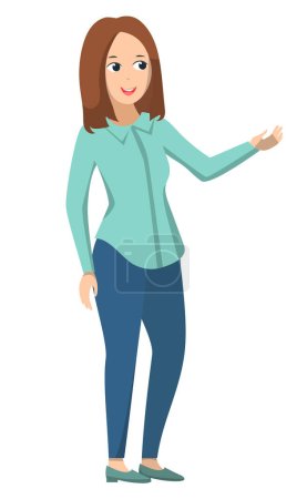 Illustration for Teacher or tutor teaching kids. Young woman standing with raised hand and explaining information. Person isolated on white background. Back to school concept. Flat cartoon vector illustration - Royalty Free Image