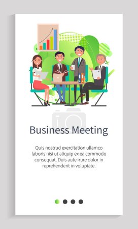 Illustration for Business meeting vector, people sitting by table discussing problems of company, partners on conference, rally presentation with charts info. Website or app slider template, landing page flat style - Royalty Free Image
