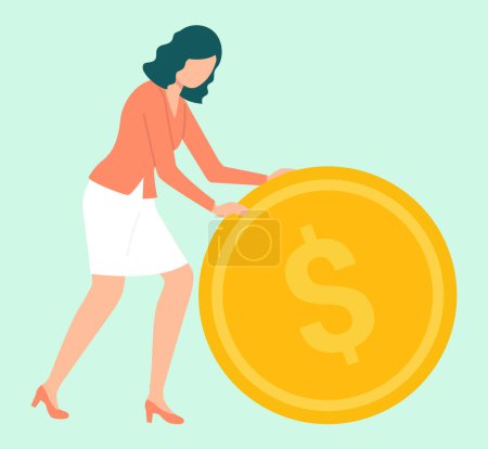 Illustration for Woman investing in business vector, isolated person pushing money financial assets. Worker with monet dollar gold coin. Savings of character flat style - Royalty Free Image