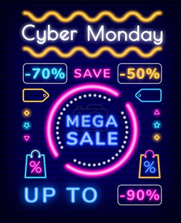 Illustration for Cyber monday vector, mega sale discounts. Save up to 70 or 50 percent on production of store. Promotional banner with neon effect. Icons of pricetag and bag, font and decor flat style illustration - Royalty Free Image