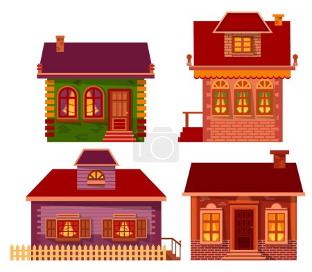 Illustration for Homes of people in winter vector, isolated set of buildings. Houses designs, estate with pine tree decorated inside. Exterior of chalet with chimney and wide windows. Architecture of city of village - Royalty Free Image